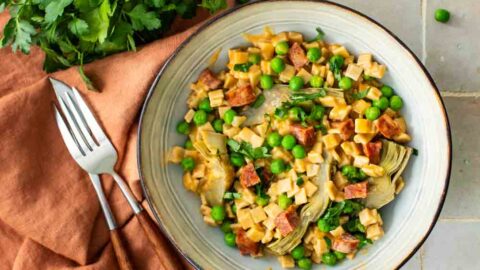 Crozetto au chorizo et légumes de printemps